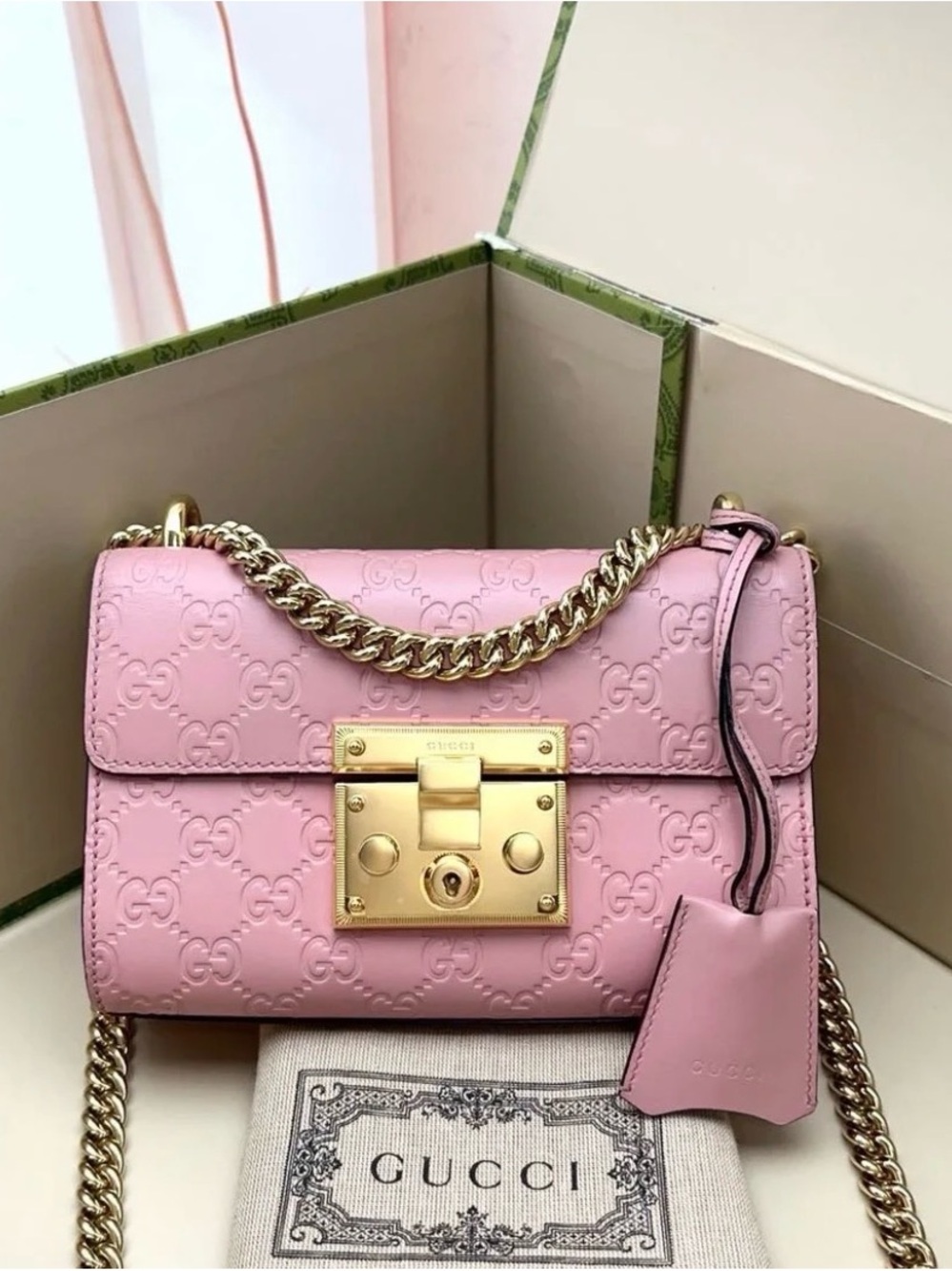 Gucci Pink GG Embossed Shoulder Bag with Gold Chain & Lock